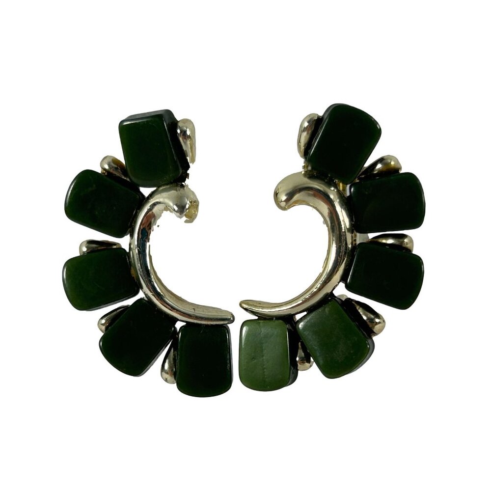 Vintage Claudette Clip On Earrings Green Thermoset Lucite Silver Tone Crescent i